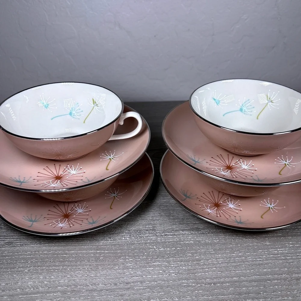 4 Sets Franciscan China Ballet Tea Cup Saucer Pink Dandelion Mid Century MCM